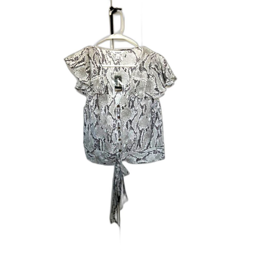 New With Tags EXPRESS Tie-Waist Flutter-Sleeve Snake Print Blouse, Women's Sz XS